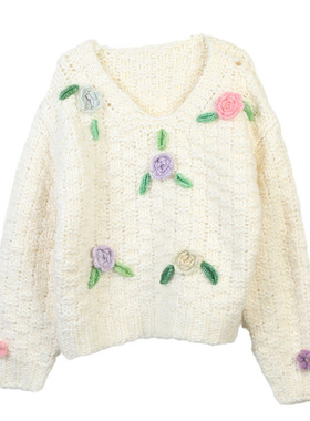 重工毛衣女式2024秋冬新款女装花朵圆领套头长袖宽松甜美针织上衣