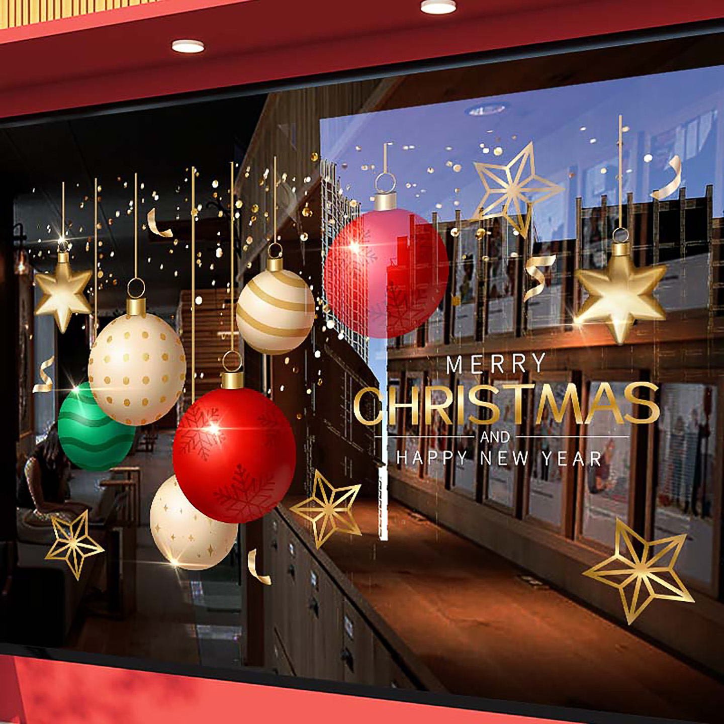 圣诞节装饰玻璃贴纸领事馆场景球饰静电门贴幼儿园个性圣诞树窗花