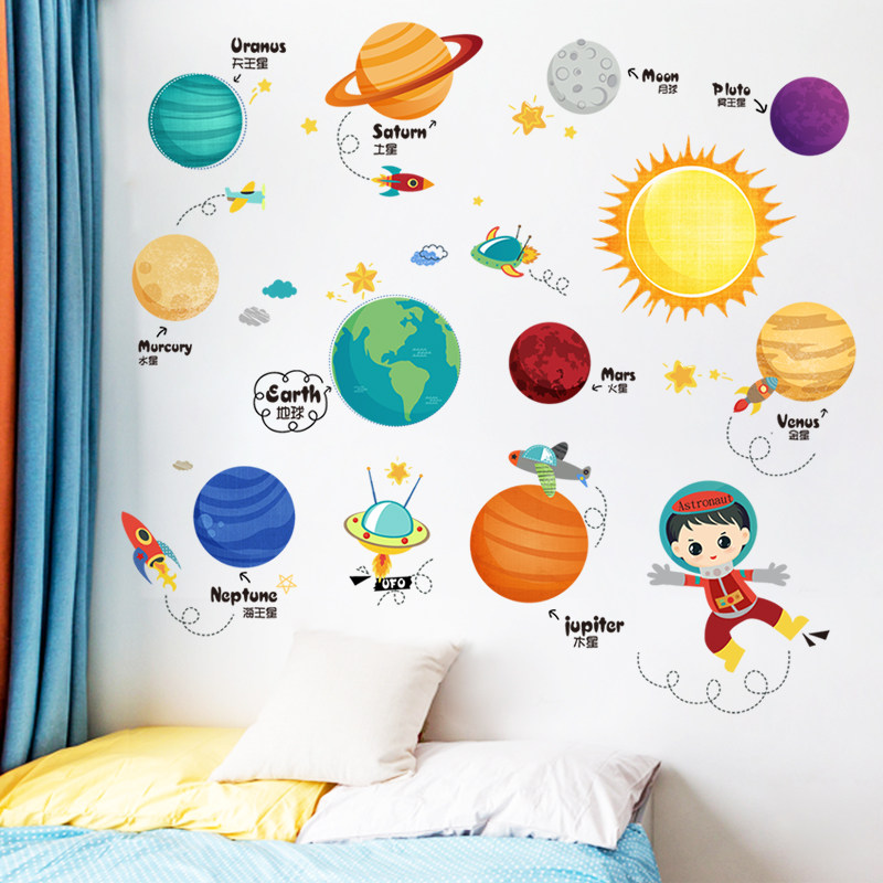 卡通儿童房星球墙纸自粘壁纸布置墙贴卧室墙面贴纸装饰小图案贴画
