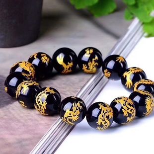 黑玛瑙烫金刻龙手链 黑曜石 霸气男款黑金水晶六字真言佛珠手串