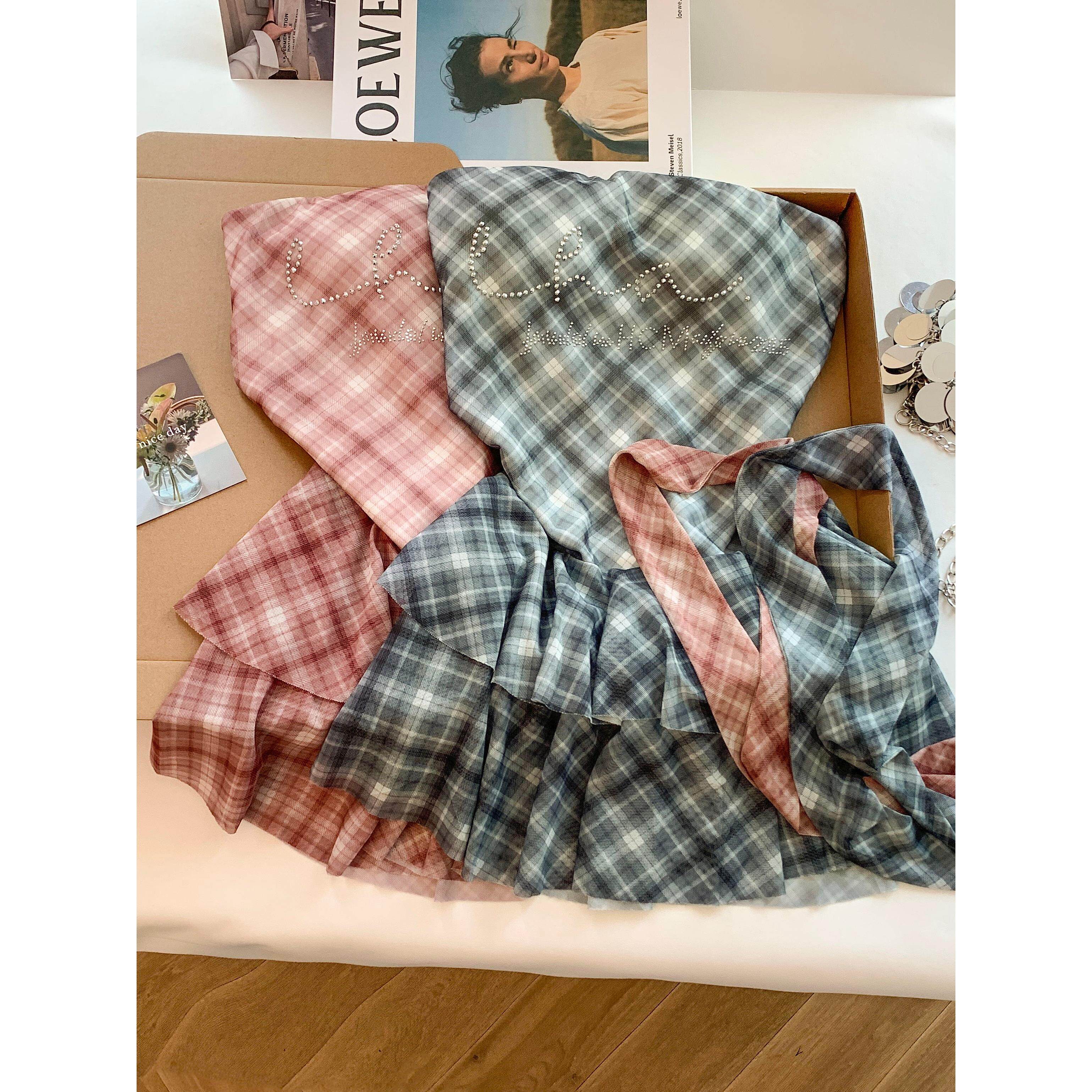 实拍 韩版设计感格子吊带背心女夏荷叶边收腰显瘦辣妹风绑带上衣