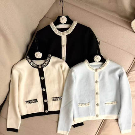 实拍小香风2025秋冬新款拼色名媛重工女装毛衣百搭上衣