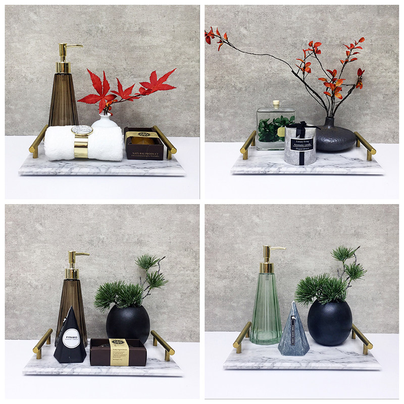 新中式样板房卫生间摆件卫浴套装组合香薰禅意小花艺托盘软装饰品