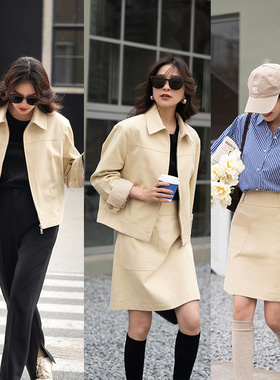 大象和长颈鹿「巴黎往事」时髦春款淡黄箱型外套半裙套装 403206