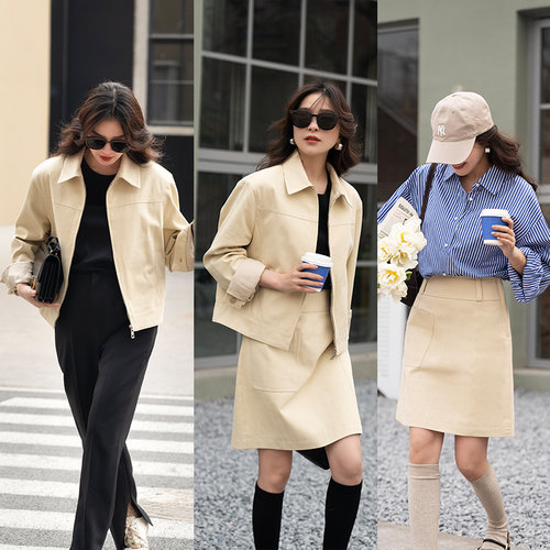 大象和长颈鹿「巴黎往事」时髦春款淡黄箱型外套半裙套装 403206