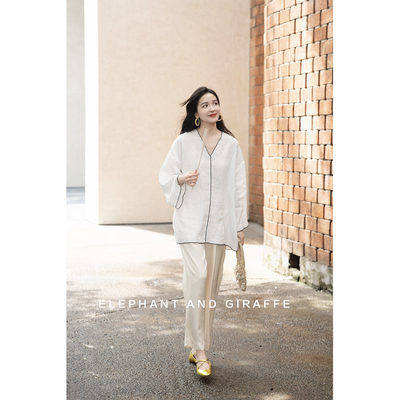 大象和长颈鹿 苎麻画布上的水仙 撞色包边刺绣白衬衫上衣 508110