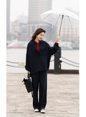 大象和长颈鹿「巴黎往事」宽绰廓形帅气潇洒薄澳毛衬衫套装401212