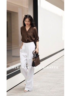 大象和长颈鹿 简约流畅 随性大方 气场飞扬 白色高腰亚麻裤407202