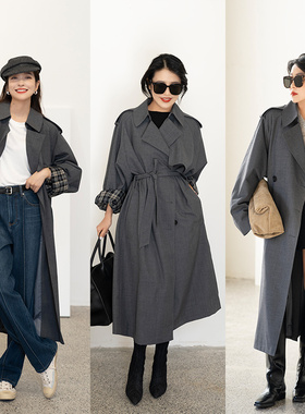 大象和长颈鹿 大翻领羊毛廓形长风衣 造型感系带经典 深灰 309201