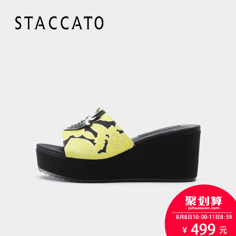 STACCATO/思加圖2018夏季繡花布坡跟女涼鞋休閑女鞋9P904BT8