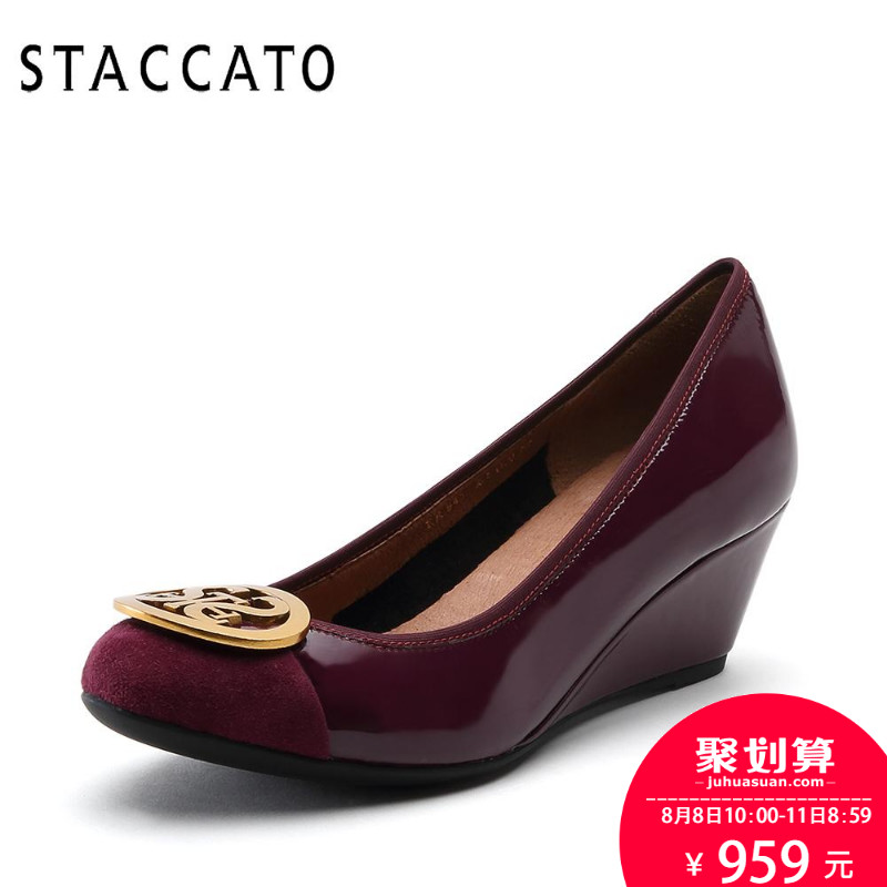 STACCATO/思加圖2018秋專柜同款坡跟圓扣拼接淺口女單鞋ER943CQ8