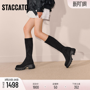 思加图冬季 复古弹力靴复古长靴高筒靴厚底增高女靴子Y2564DG5 新款