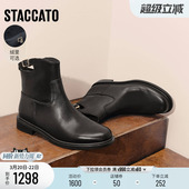 思加图新款 靴粗跟黑色女靴皮靴靴子EAJ49DD5 夜蝴蝶英伦风短靴时装