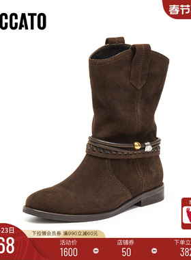 [定制小码32/大码41胖瘦脚]思加图冬复古西部牛仔靴EIL04DS5A