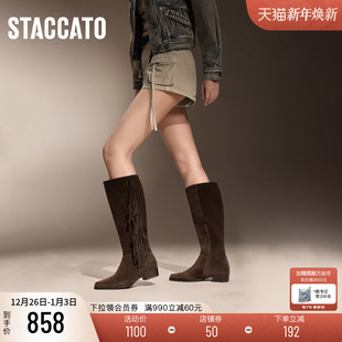 思加图新款 复古西部牛仔靴长靴高筒靴粗跟女靴子Y2552DG4