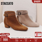 思加图新款 气质通勤时装 靴棕色短靴粗跟增高美拉德女靴子Y8901DD5
