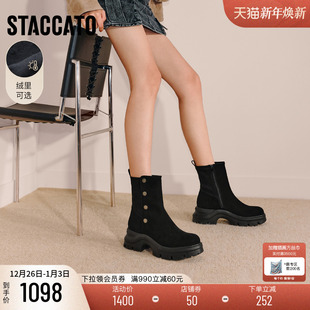 思加图2025新款 复古运动靴厚底增高中筒靴加绒黑色女靴子EJA05DZ5