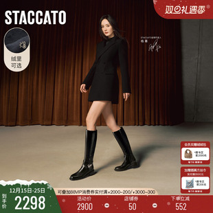 杨幂同款 骑士乐章黑色骑士靴长靴加绒增高长筒靴女 思加图2025新款