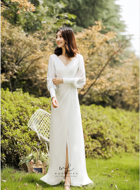 Nomeives原创【罗马假日】复古长袖旅拍轻婚纱露背婚纱出门纱礼服