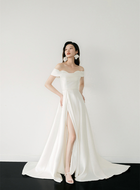 Nomeives 法式显瘦一字肩新娘婚纱米卡多缎面简约出门轻婚纱