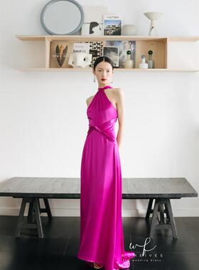 Nomeives火龙果色挂脖显瘦新娘敬酒服高端醋酸缎面气质晨袍晚礼服