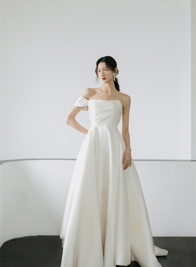 2025春新法式单肩抹胸米卡多缎面新娘迎宾出门纱结婚公主裙主婚纱