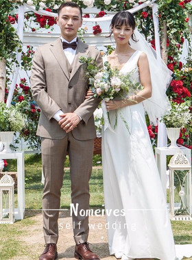 【晨曦】Nomeives夏新款显瘦V领简约轻婚纱性感露背小拖尾出门纱