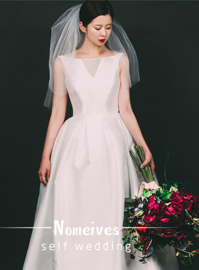 [白兰花]2025新款缎面简洁复古蓬裙婚纱文艺浪漫轻婚纱旅拍出门纱