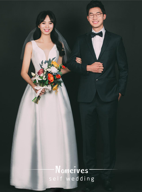 [白栀花]2020新款优雅复古缎面婚纱法式文艺婚纱出门纱性感露背