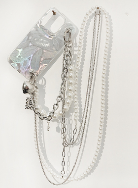 高品质原创小众手机壳斜挎背适用于iPhone14/15/16promax渐变镭射手提珍珠手机壳保护套女款银色系高端轻奢华