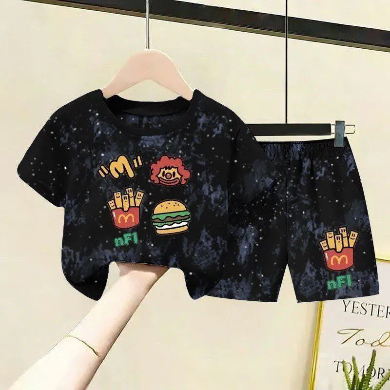 2026新款国潮麦当劳印花扎染短袖T恤套装男女童夏季纯棉洋气两件2