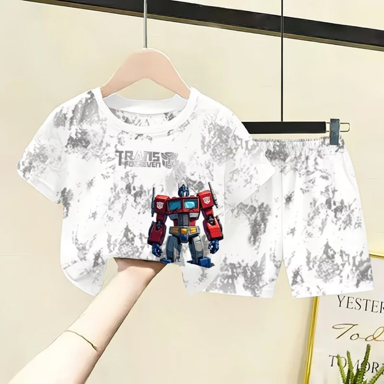 新款国潮卡通印花机器扎染短袖T恤套装男女童夏季纯棉洋气两件套9