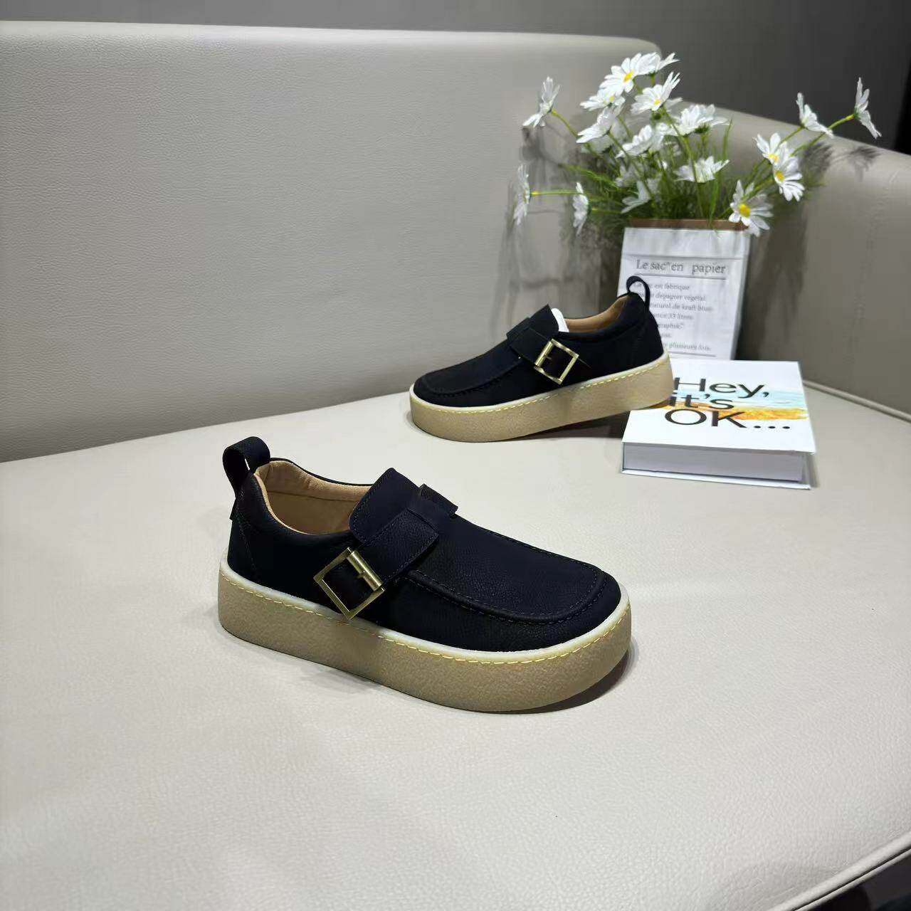 男鞋秋季新款透气乐福鞋厚底休闲板鞋一脚蹬懒人鞋宽脚方头小丑鞋