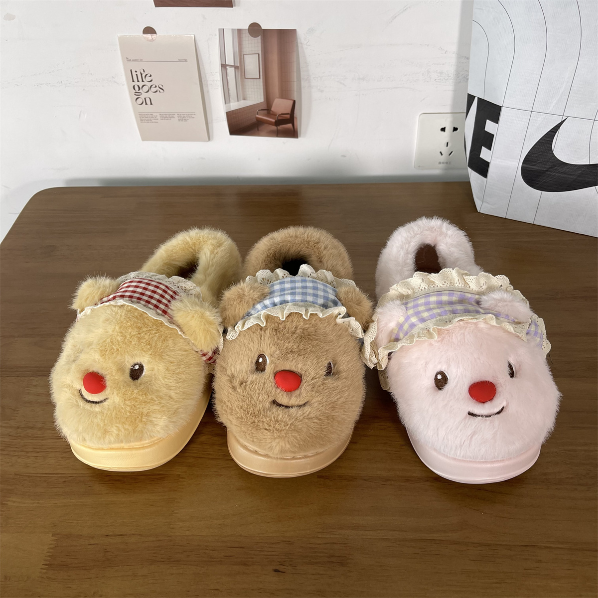 包头拖鞋可爱小熊原创设计家居拖鞋新款冬加绒保暖外穿防滑拖鞋女