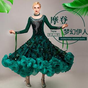 新款金丝绒亮片刺绣摩登舞交谊舞大摆连衣裙国标舞集体舞比赛服