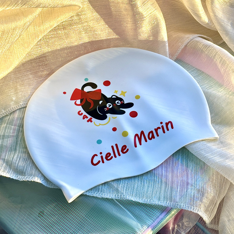 ciellemarin硅胶防水黑猫成人儿童游泳帽大号护耳泳帽加大版泳帽