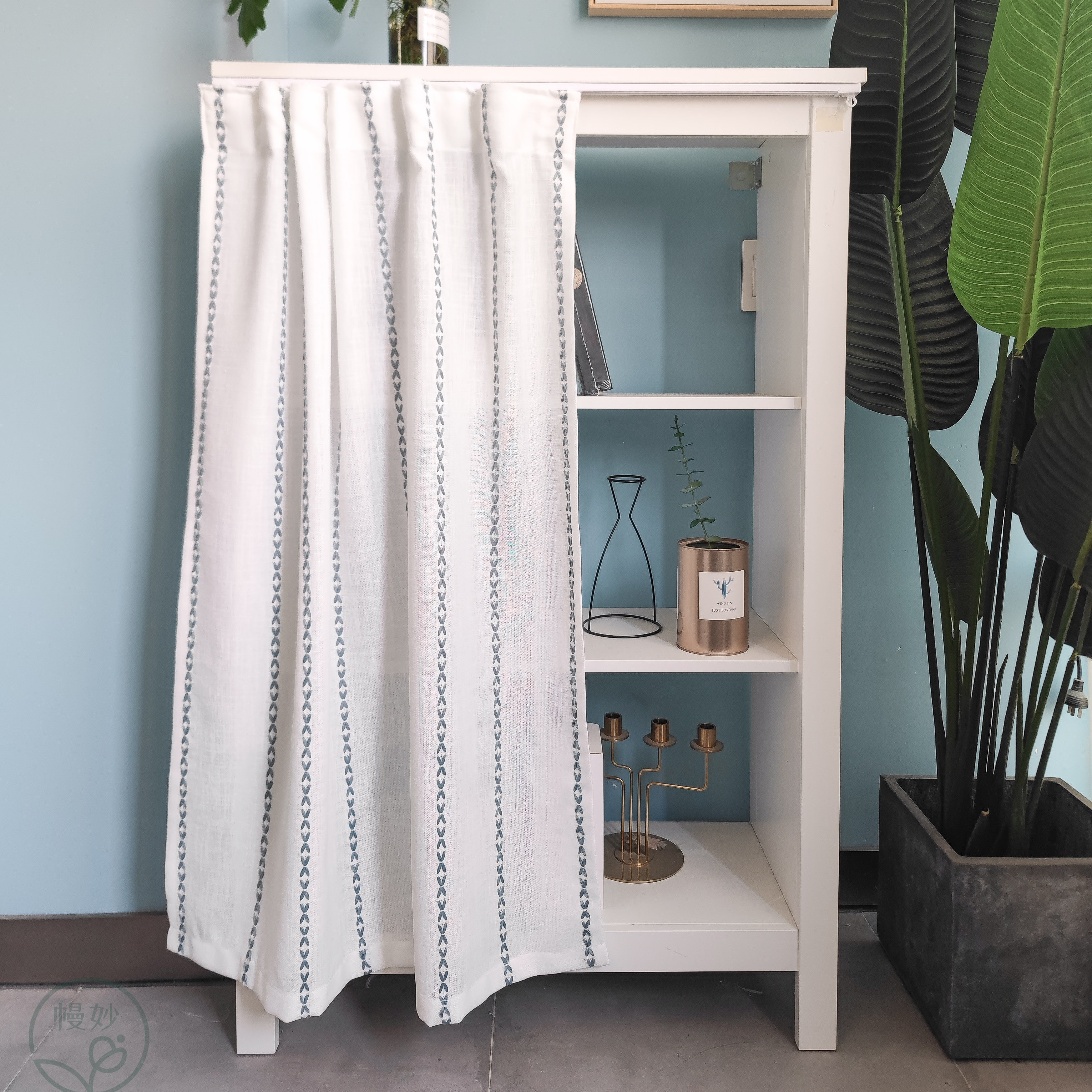 送免打孔粘贴轨道日式条纹柜子帘遮挡帘衣柜杂物防尘帘洗衣机帘