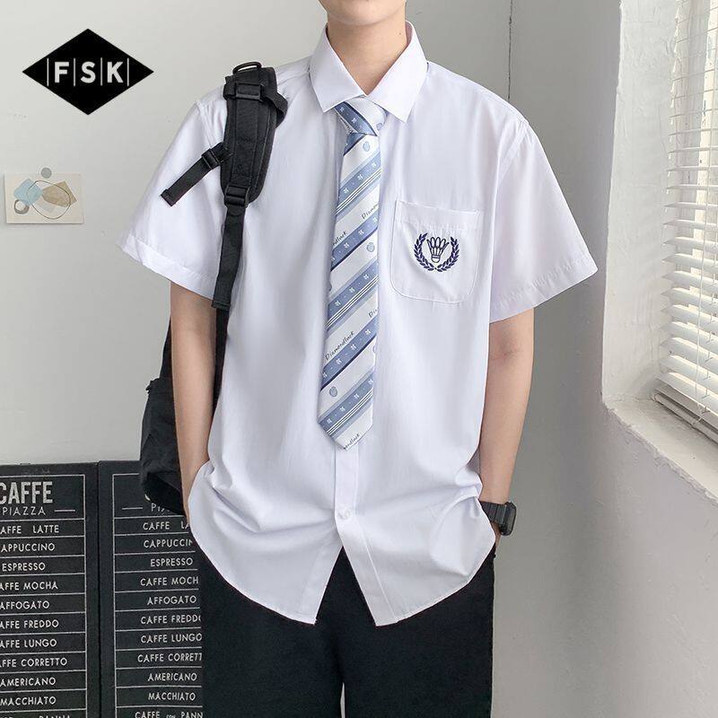 dk制服男短袖衬衫夏季薄款学院风情侣装套装班服毕业照白衬衣
