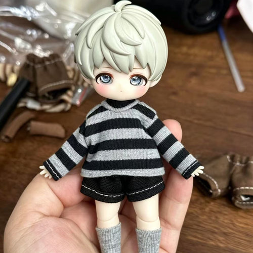 仅娃衣新款bjd12分ob11娃衣休闲可爱软萌黑灰条纹+牛仔短裤