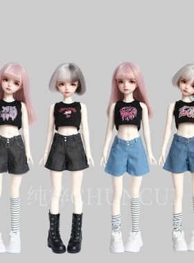 bjd4分6分5分3分胖4熊妹ob24小布blythe娃衣牛仔短裤黑色背心