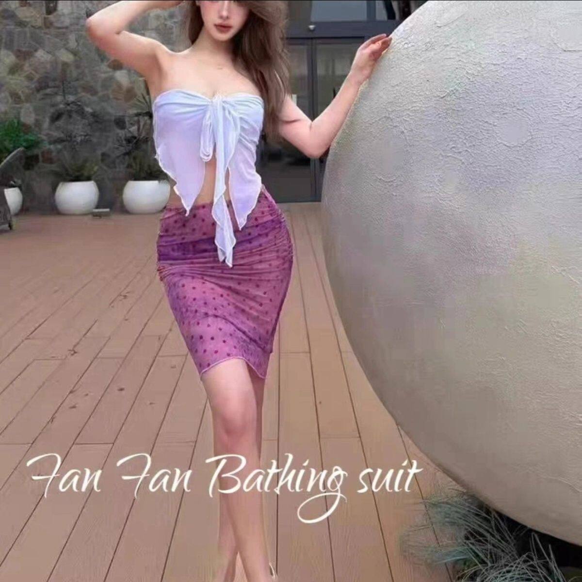性感纯欲度假风一字领抹胸绑带分体泳衣女裙式蕾丝波点温泉泳装