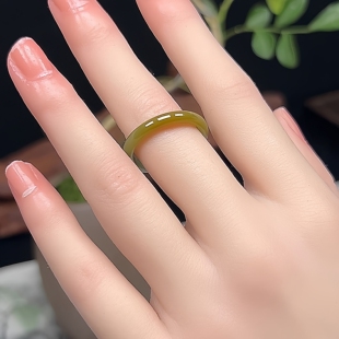 20-21号19.4mm天然黄翡翠玉戒指正品A货翡翠玉石油润细条戒圈指环