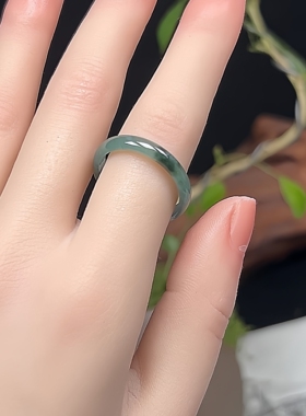 21-22号19.7mm天然冰蓝水飘花玉戒指正品A货翡翠玉石戒圈指环素面