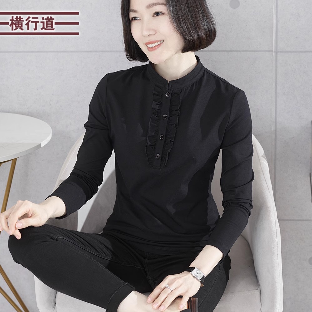 简约纯色大码荷叶边立领长袖T恤