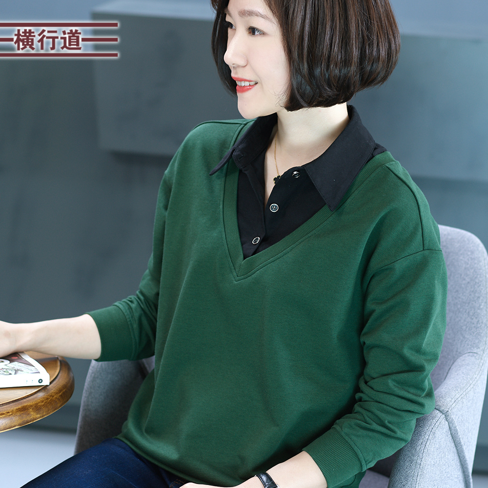大码中年女士拼接衬衫领妈妈装