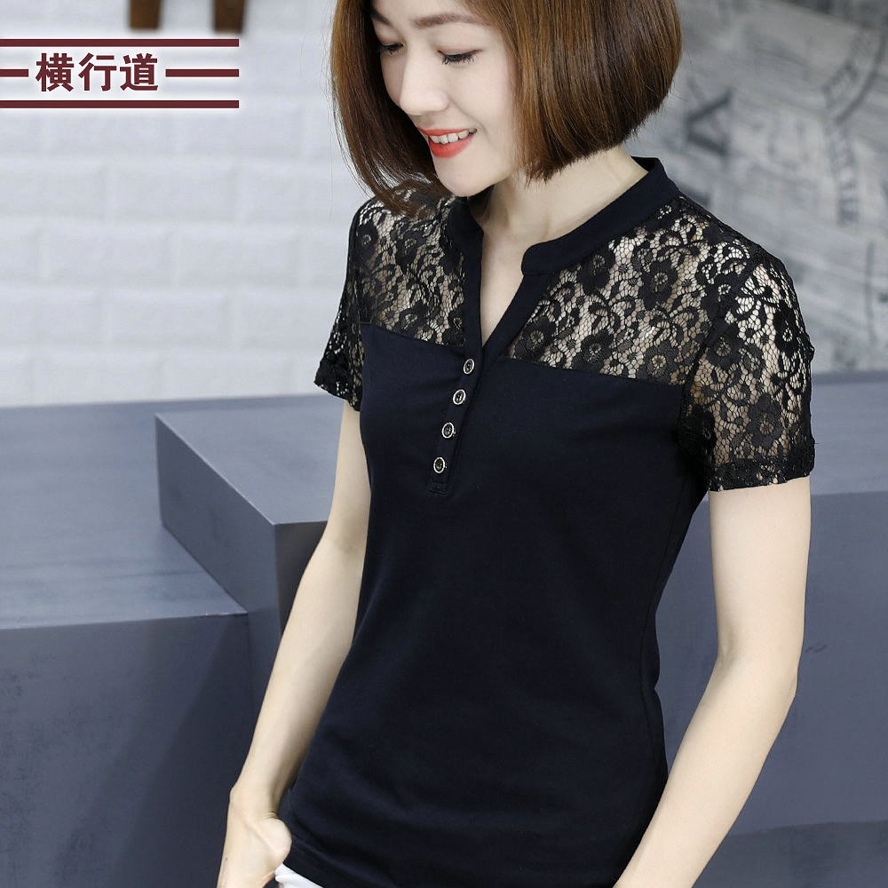 2022夏装新款蕾丝t恤女装上衣短袖开叉黑色v领打底衫立领半袖大码