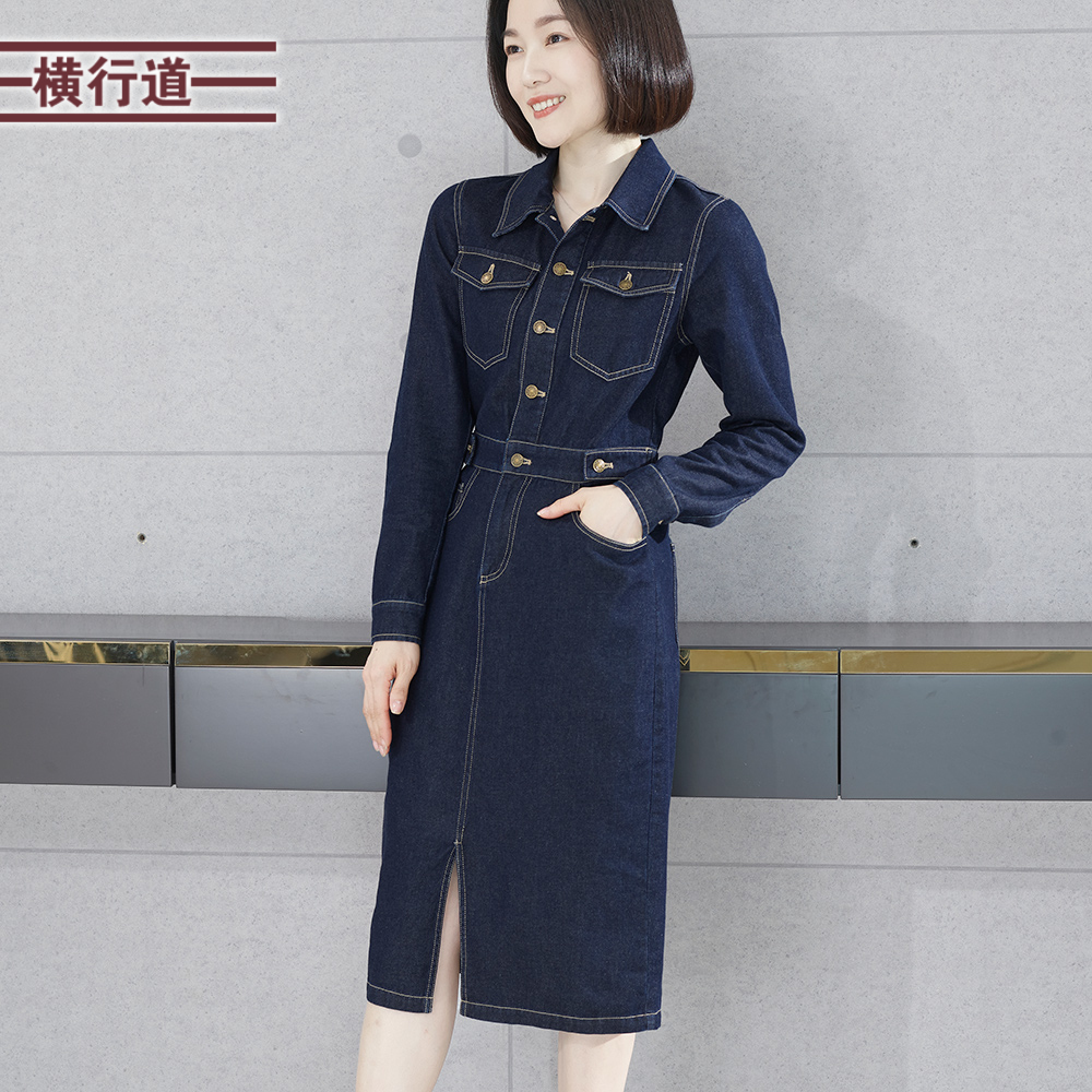 2025新款春季翻领排扣长袖牛仔连衣裙女大码纯棉复古显瘦衬衫裙子