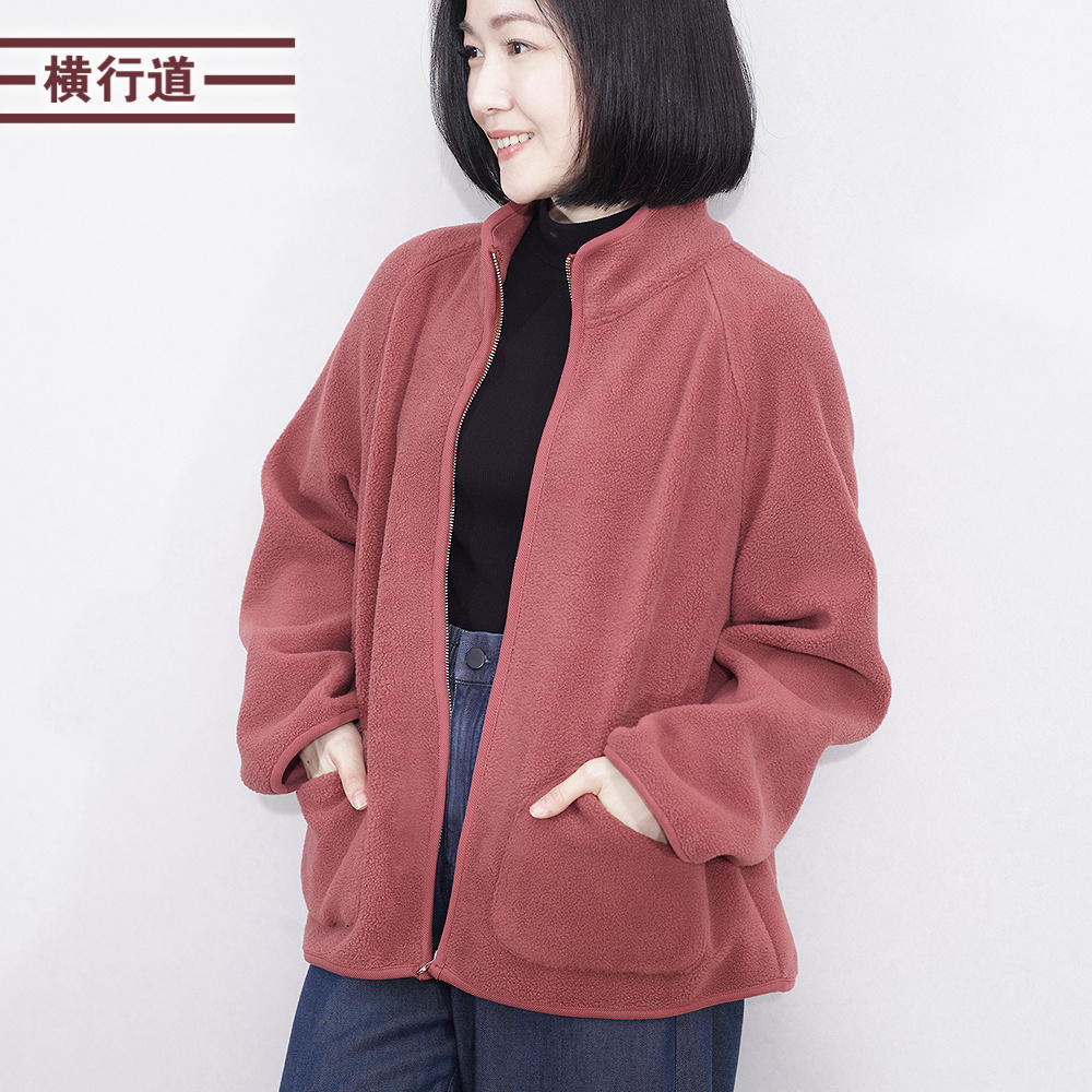 插肩袖立领加绒外套保暖加厚宽松长袖拉链口袋上衣纯色秋冬女装