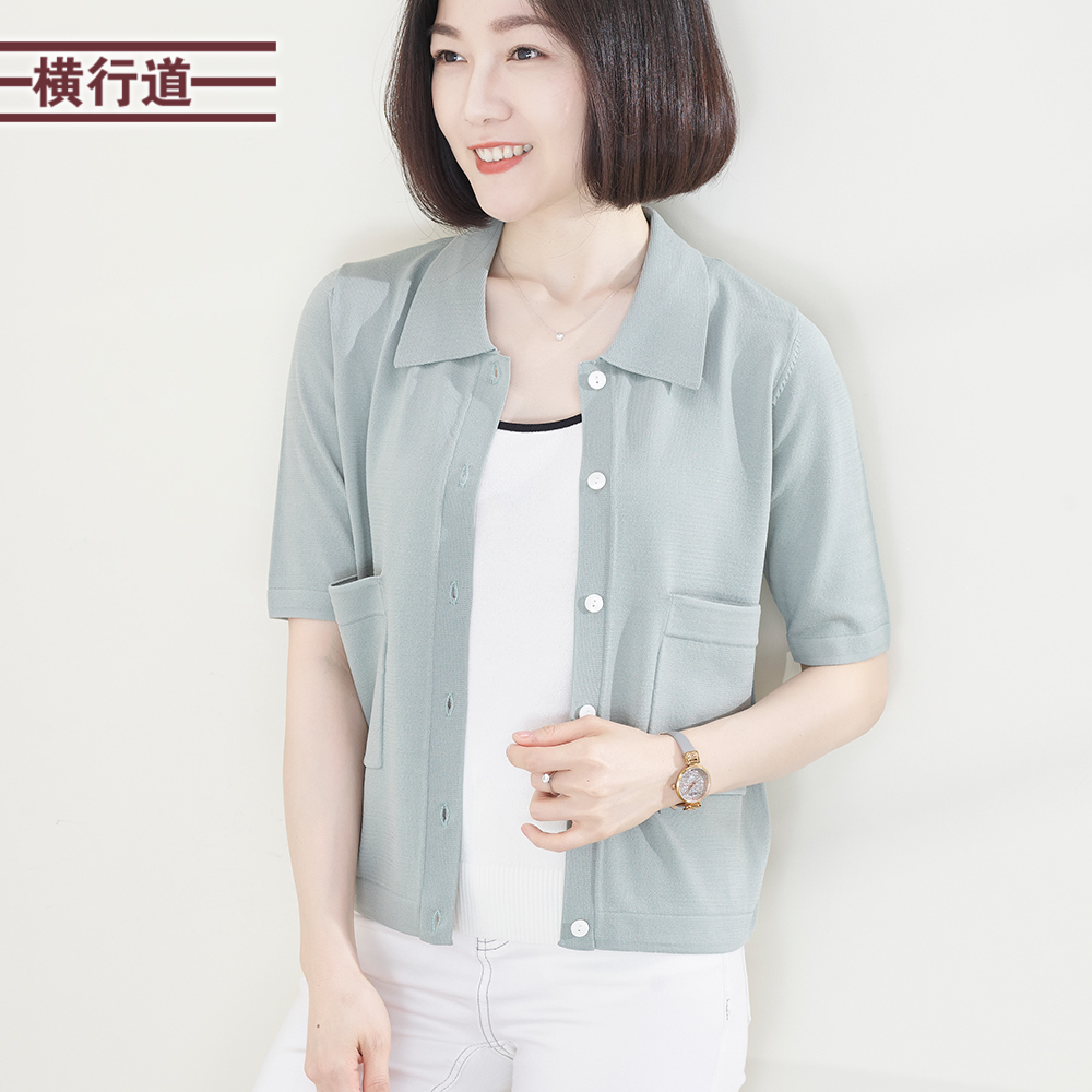 翻领双口袋中袖针织开衫2025新款宽松五分袖纯色外穿小衫显瘦女衣