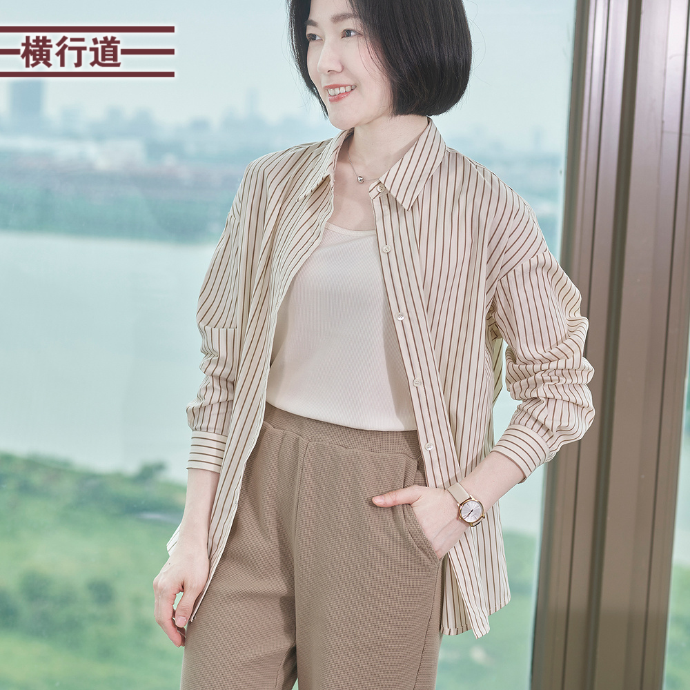 宽松翻领长袖竖条衬衫韩版衬衣2025春季防晒衣春装女士上衣服外套
